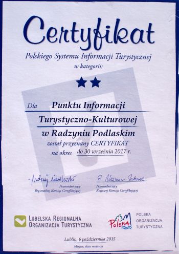 Certyfikat dla Punktu Informacji Turystycznej w Radzyniu Podlaskim